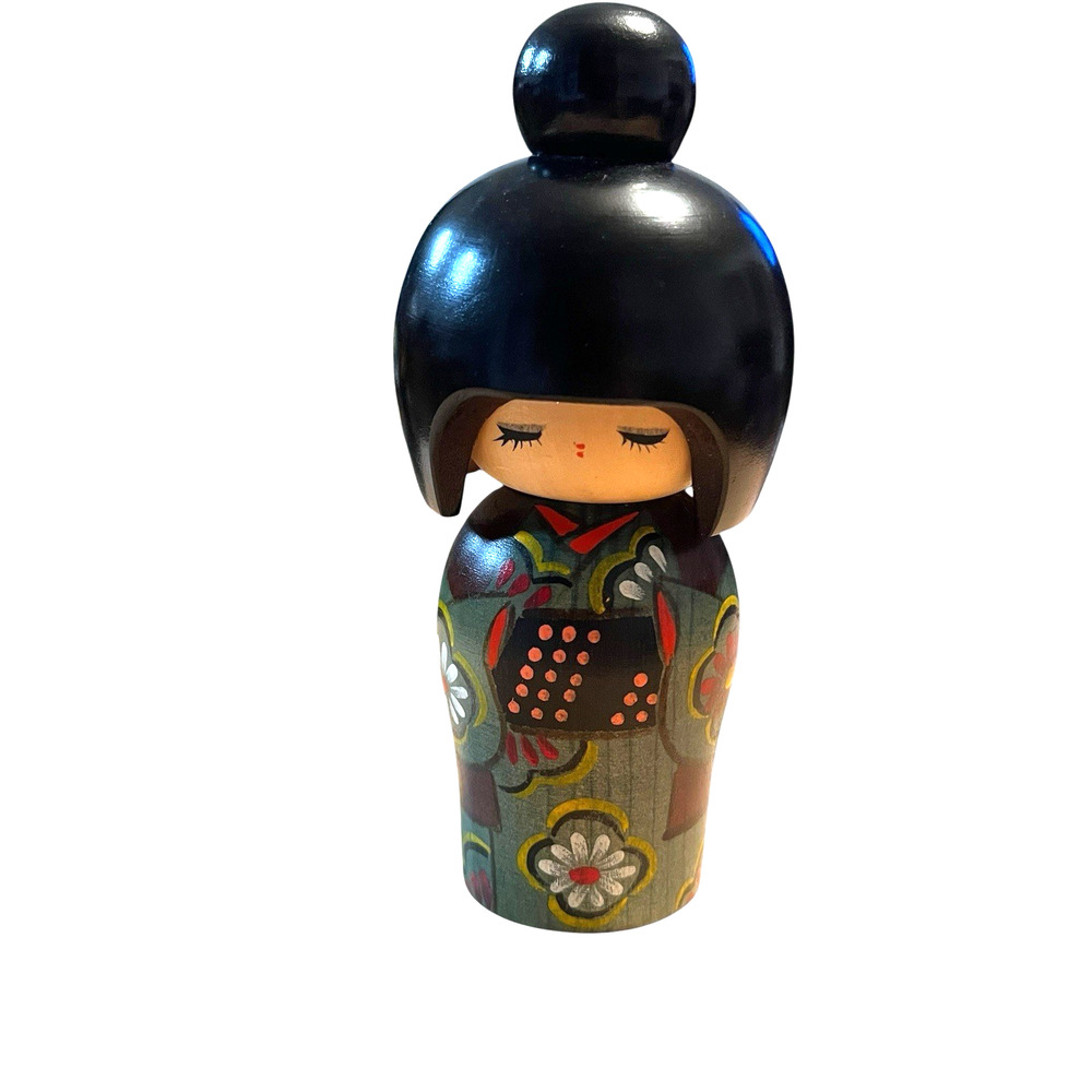 Japanese Kokeshi Doll Vintage Wooden Handmade Stamped Signature Black Green
